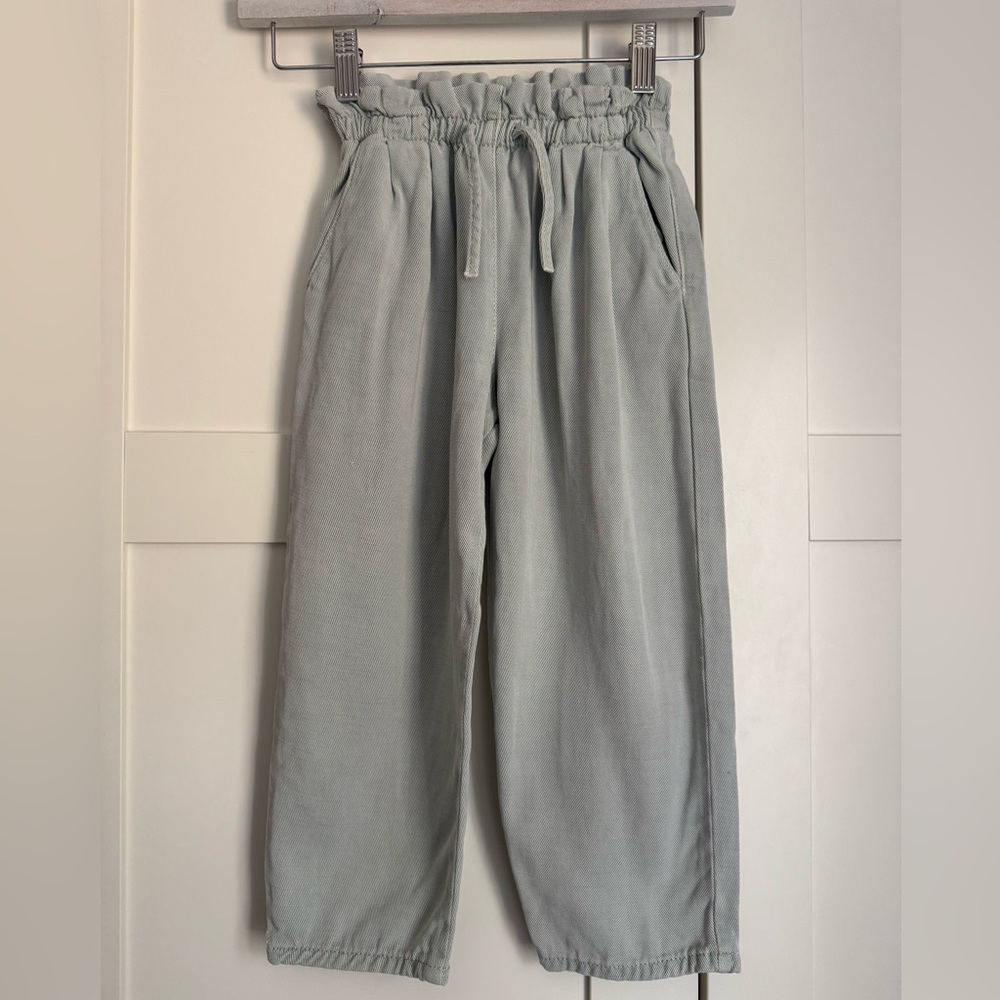 Zara Girls Light Blue Gray Elastic-Waist Drawstring Paper Bag Pants Size 6